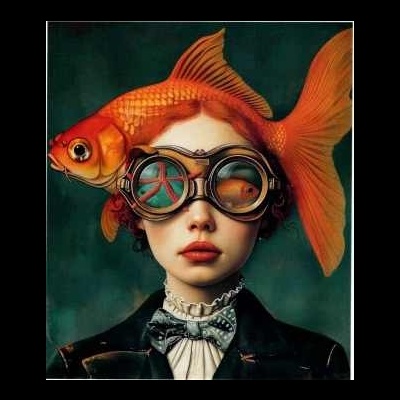 Pessoa com fato preto, gravata borboleta, óculos grandes e peixe dourado na cabeça fundo verde