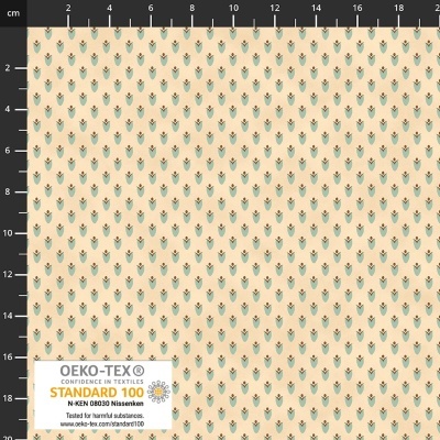 tecido estampado com padrão de folhas azuis, régua para medição e etiqueta OEKO-TEX Standard 100