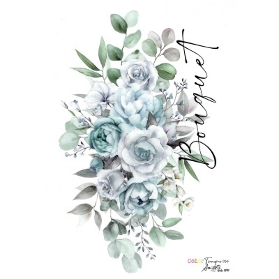 Bouquet artístico de flores em azul e branco com folhas verdes e cinzentas e texto 'Bouquet'