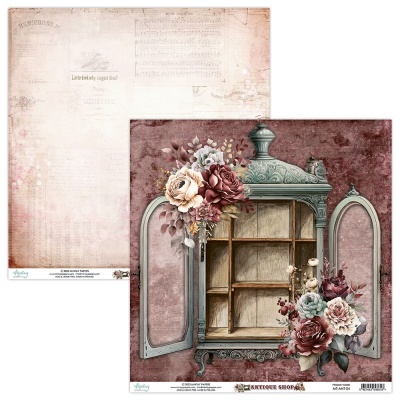 Papel decorativo vintage de scrapbook com vitrina floral e fundo texturizado.