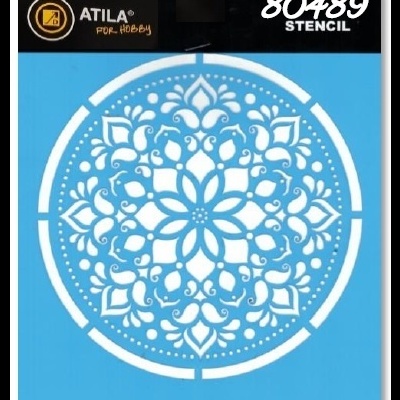 Stencil redondo floral branco sobre fundo azul com embalagem preta e textos visíveis