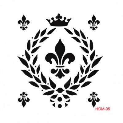 Decalque preto de lírio estilizado com coroa e ornamentos em fundo branco