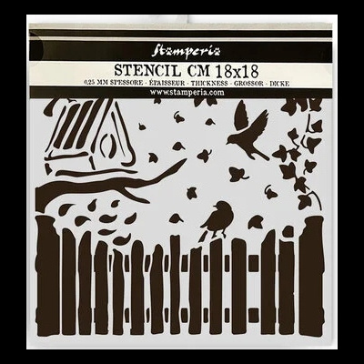 Stencil preto com recortes de cerca, pássaros e árvore em embalagem com texto
