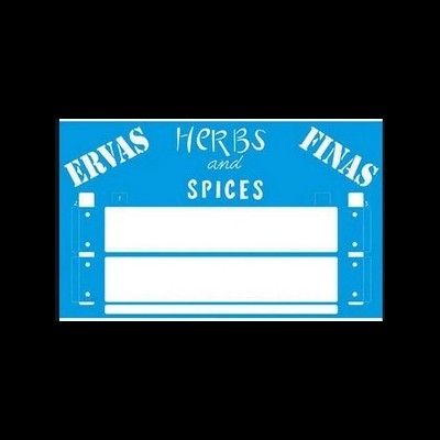 Placa azul com texto branco ERVAS FINAS HERBS and SPICES e áreas para escrita