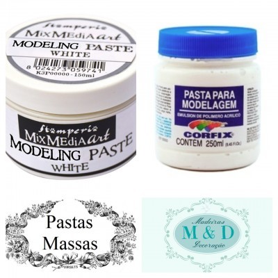 Dois frascos de pasta para modelagem e duas etiquetas decorativas com texto