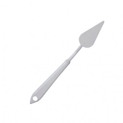 Espátula de cozinha branca com lâmina triangular e cabo com orifício
