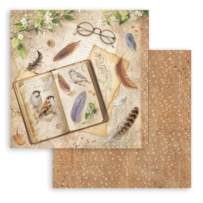 Papel decorativo com ilustração vintage de livro com aves e penas e padrão floral castanho