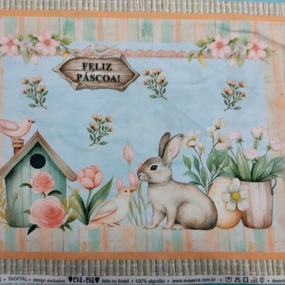Toalha com coelho, flores, pássaros e texto FELIZ PÁSCOA!