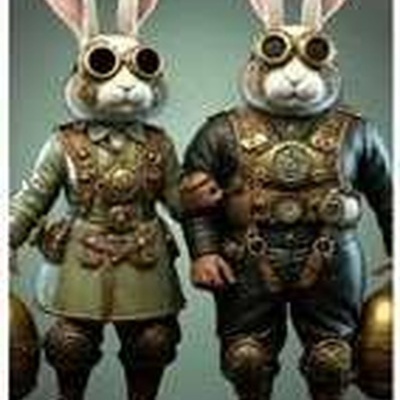 Estatuetas de coelhos steampunk com óculos e roupa de couro