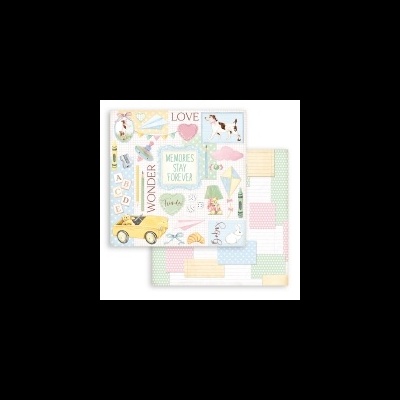 Folhas de papel decorativo com padrões infantis e texto em inglês