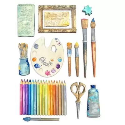 Conjunto de material artístico para pintura com pincéis, lápis de cor, paleta e outros itens