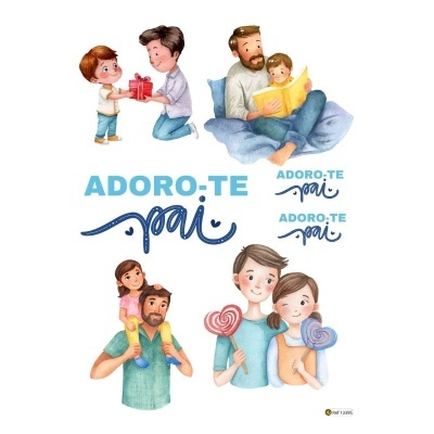 Ilustração familiar com texto adoro-te pai e crianças com pais em várias situações.