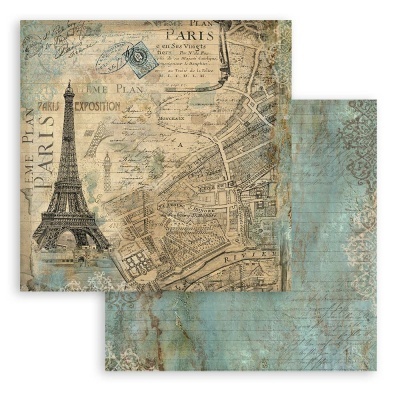 Placas decorativas vintage com Torre Eiffel e mapa antigo de Paris em bege e azul