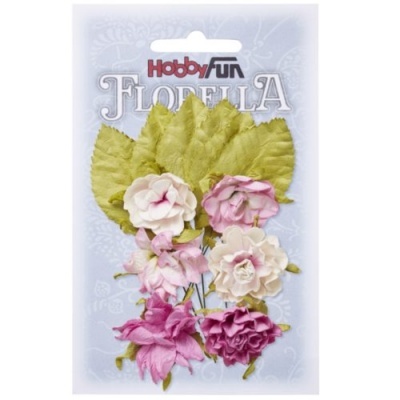 Pacote de flores artificiais Hobby Fun Florella com flores rosa e brancas e folhas verdes