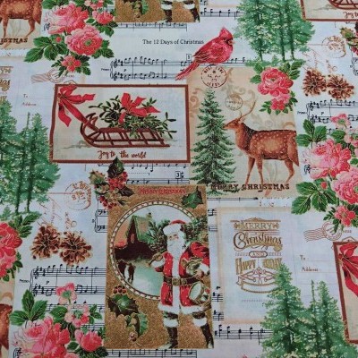 tecido natalício com cervos, papai noel, flores e notas musicais