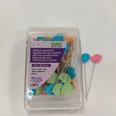 Caixa de alfinetes com cabeças coloridas em forma de pássaros