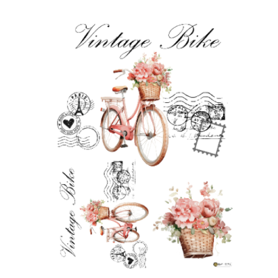 Ilustração de bicicleta vintage cor-de-rosa com cesto de flores e textos decorativos