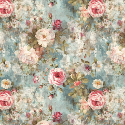 Papel de parede com padrão floral vintage em rosa e verde sobre fundo azul texturizado.