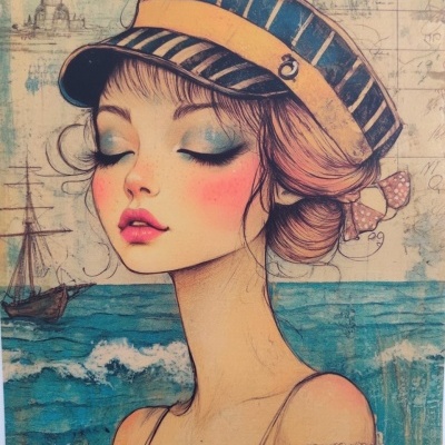 Ilustração de jovem mulher com boné azul e amarelo junto ao mar.