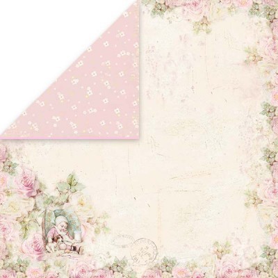 Papel para scrapbooking com padrão floral e bebé no canto