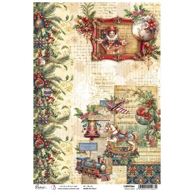 Papel decorativo vintage de Natal com brinquedos antigos e elementos festivos
