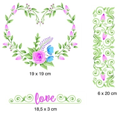 Três padrões decorativos com flores rosa, azul e arabescos verdes, incluindo um coração, uma faixa vertical e uma faixa horizontal com a palavra 'love'.