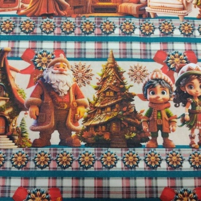 Tecido natalício com desenhos de casas, árvore de Natal, Pai Natal e crianças