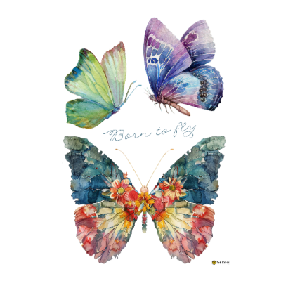 Três borboletas coloridas em aguarela e texto Born to fly