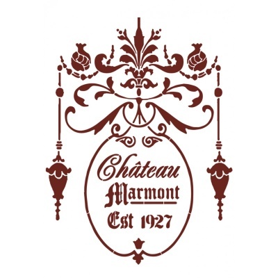 Logótipo vintage castanho com ornamentos e texto Château Marmont Est 1927