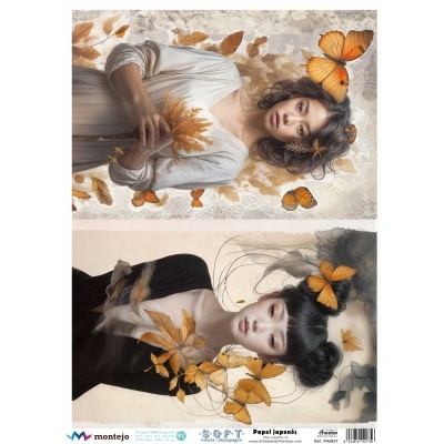 Duas ilustrações de mulheres com folhas e borboletas em tons outonais