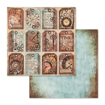 Papel decorativo para scrapbook com etiquetas vintage e desenhos de relógios