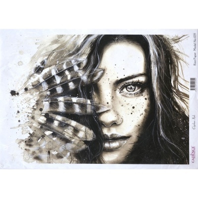 Impressão artística do rosto de uma mulher com penas sobre um fundo branco manchado