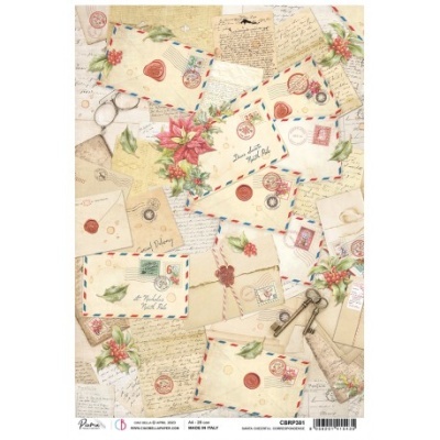 Papel decorativo vintage com cartas, envelopes, flores vermelhas e chave antiga