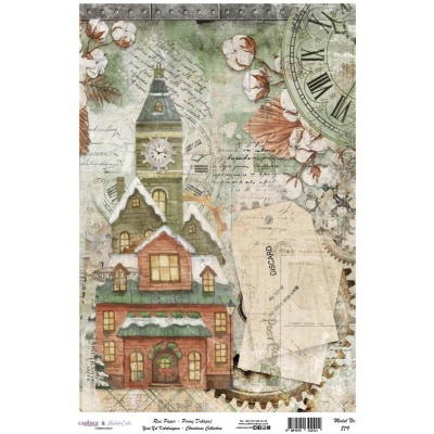 Papel decorativo com casa clássica, flores de algodão, relógio romano e postal antigo