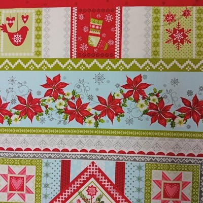 Tecido com estampado natalício em várias faixas horizontais coloridas