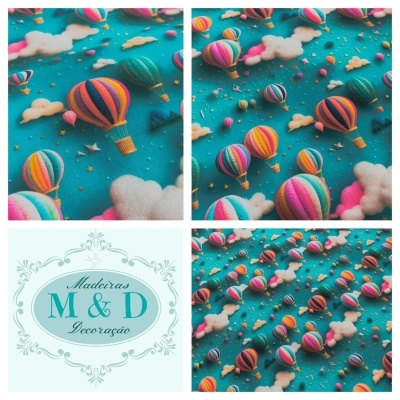 Papel de parede ou tecido infantil com balões de ar quente coloridos e nuvens, mais logótipo M& D Decoração