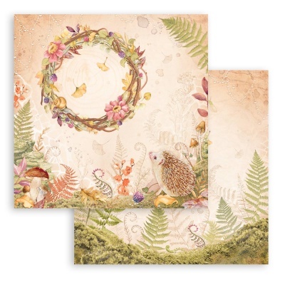 Papel decorativo com motivos naturais de flores, folhas e ouriço em tons pastéis.