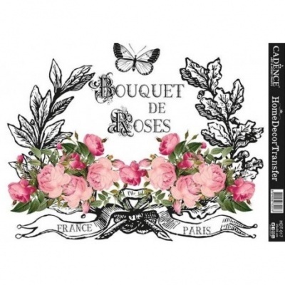 Decalque com flores rosas, folhas verdes, texto em francês e detalhes pretos e brancos