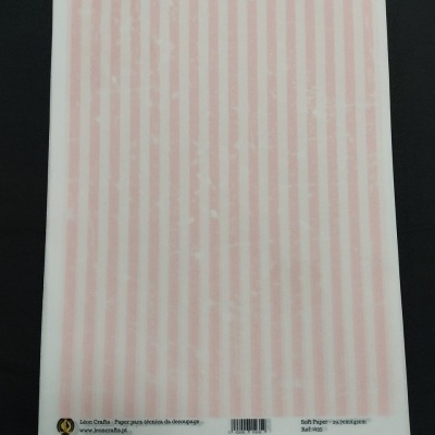 Folha de papel de decoupage com riscas verticais rosa e branca.