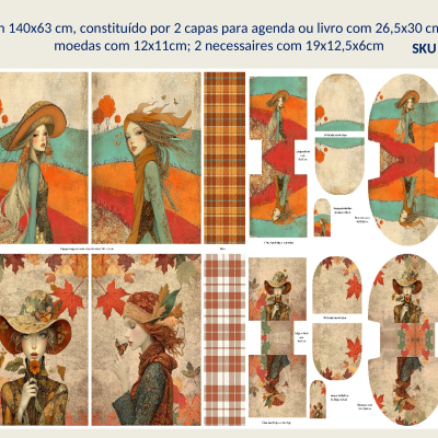Painel com ilustrações e padrões xadrez para agenda, livro, porta-moedas e necessaires