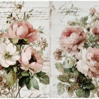 Ilustração floral vintage com texto manuscrito ao fundo.