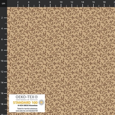 Tecido bege com padrão de folhas castanhas e etiqueta OEKO-TEX.
