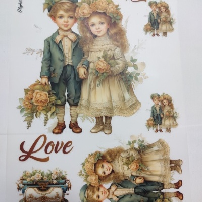 Autocolantes vintage com crianças, flores, texto Romantic e Love, e máquina de escrever antiga.