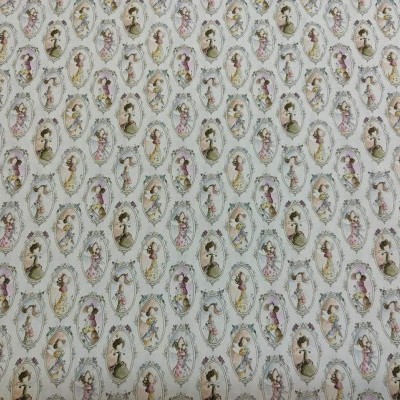 Tecido com padrão vintage de molduras ovais e ilustrações de mulheres em tons pastel