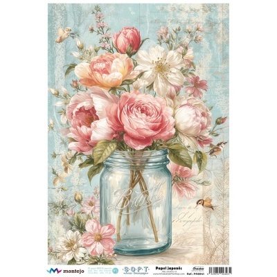 Ilustração de flores em frasco de vidro com fundo azul e pássaros