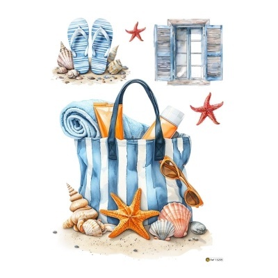 Bolsa de praia com acessórios e elementos marinhos em tons azuis, laranja e castanho