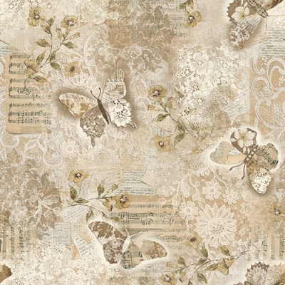 Padrão vintage de borboletas, flores e partituras em tons bege e castanho