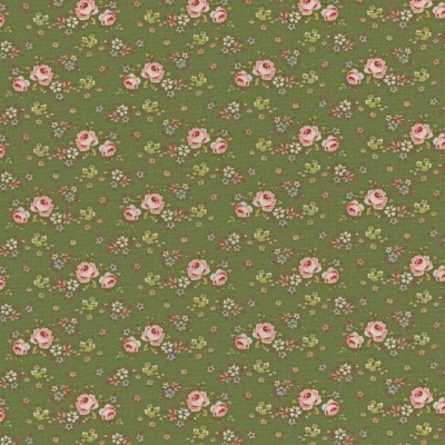 Tecido verde com padrão floral de flores pequenas cor-de-rosa, amarelas e brancas