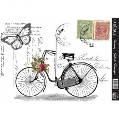 Desenho de bicicleta preta com flores e borboleta, e selos postais num fundo branco