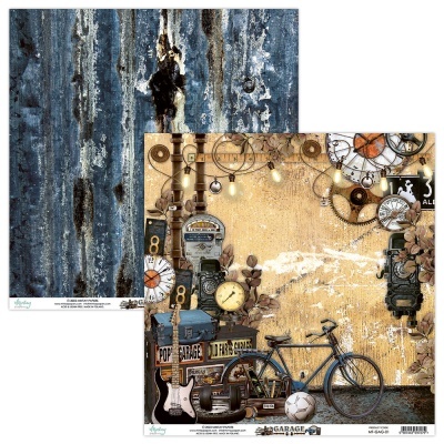 Folhas decorativas com padrões de textura metálica envelhecida azul e desenho steampunk com bicicleta e relógios